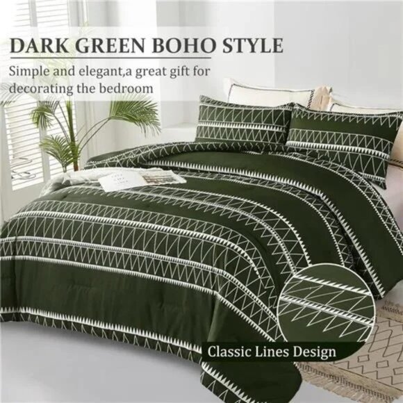 Olive Green Comforter Set King (104"×90"),Reversible Green Boho Triangle Pattern - Picture 2 of 8